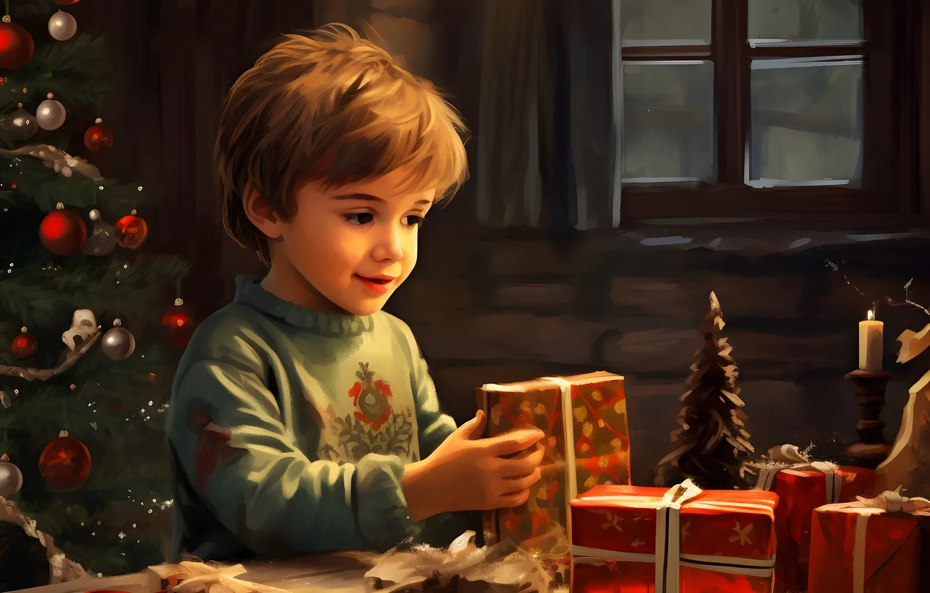 Photo wallpaper smile, gift, new year, boy, Christmas, digital art, AI art, The Art of Artificial Intelligence