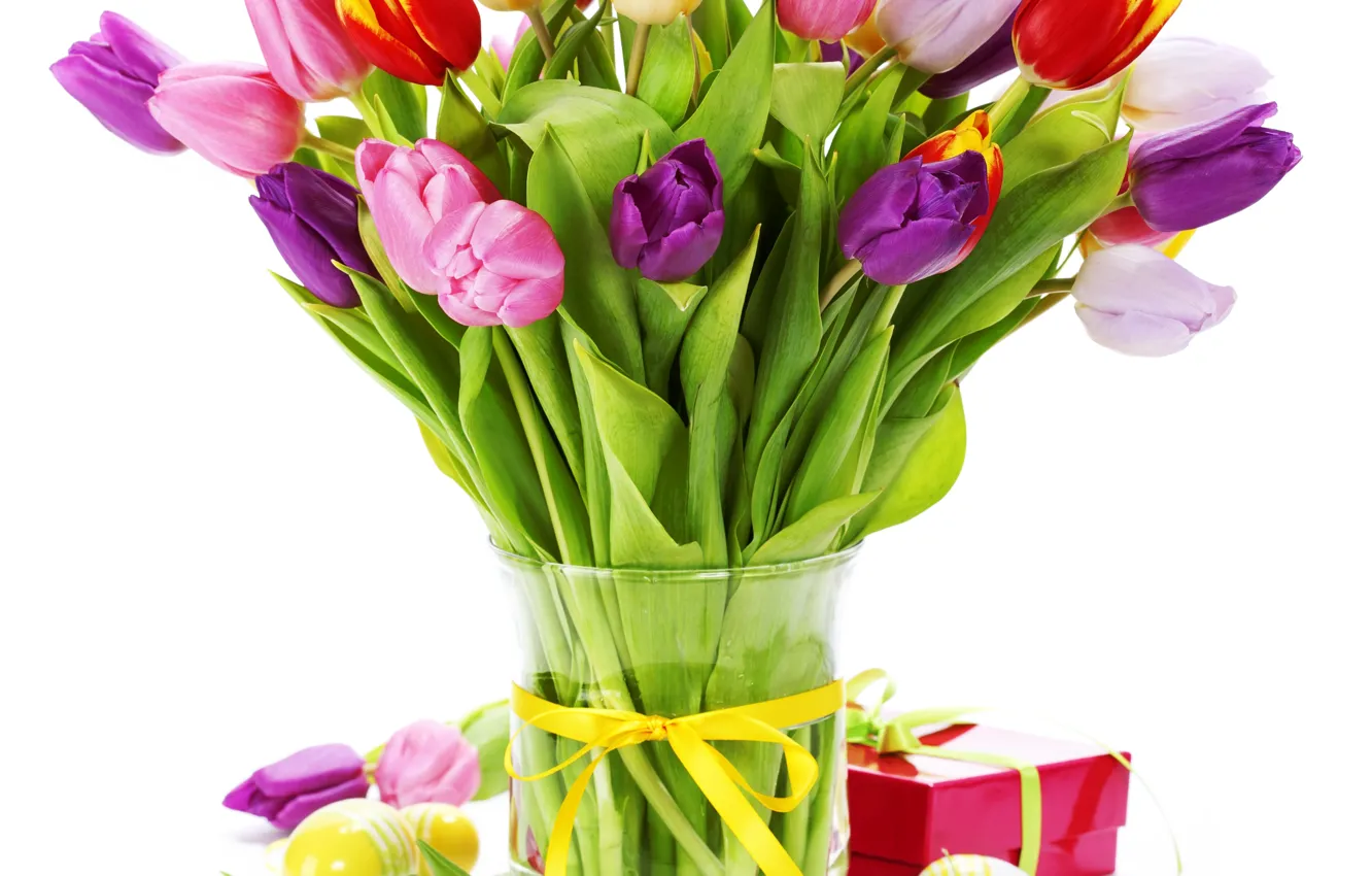 Photo wallpaper holiday, spring, Easter, gifts, tulips, vase, composition, eggs