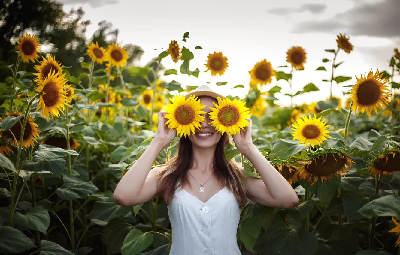 Photo wallpaper girl, smile, hat, Sunflowers, Anna Kovaleva