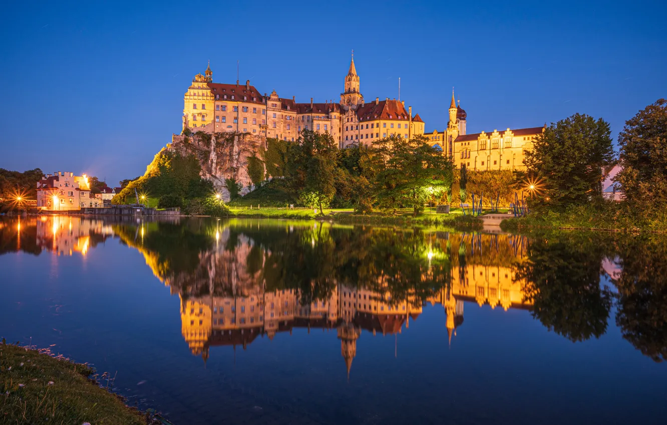 Photo wallpaper trees, reflection, river, castle, the evening, Germany, Germany, Baden-Württemberg