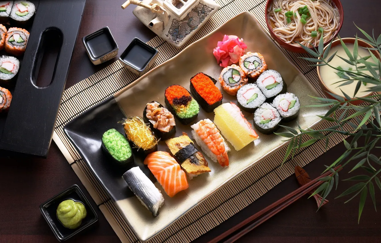 Photo wallpaper fish, soup, sauce, sushi, cuts, sashimi, lapse