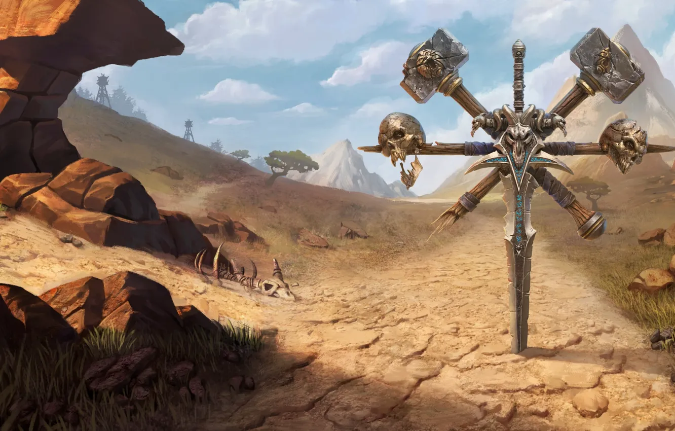 Photo wallpaper sword, World of Warcraft, game, desert, skulls, mountains, weapons, digital art