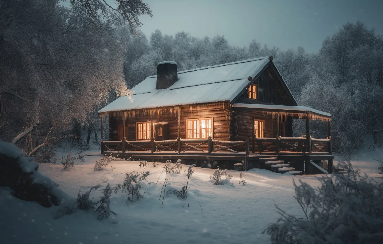 Photo wallpaper winter, forest, light, snow, trees, night, nature, comfort