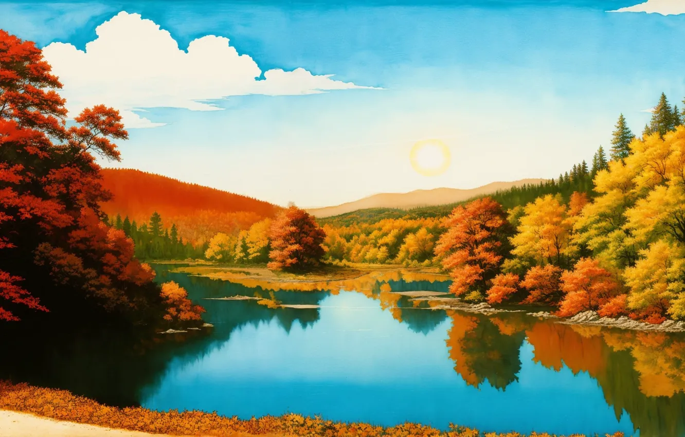 Photo wallpaper sky, trees, nature, water, clouds, painting, reflection, digital art