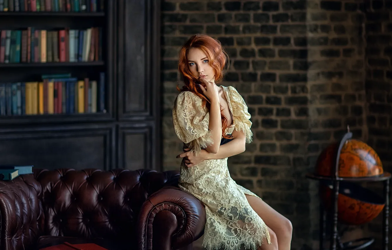 Photo wallpaper girl, books, chair, dress, wardrobe, red, Anastasia Barmina, Anastasia Barmina