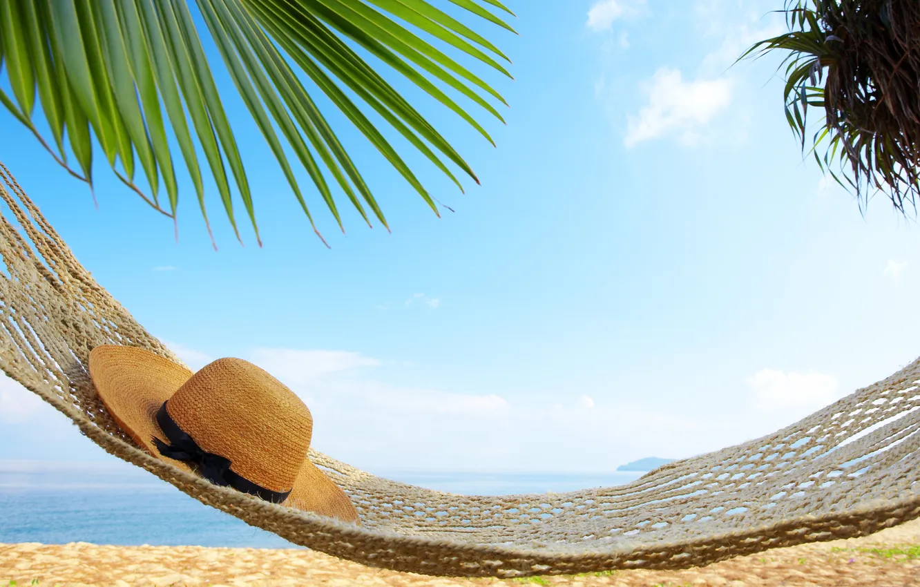 Photo wallpaper beach, sea, palm tree, hammock