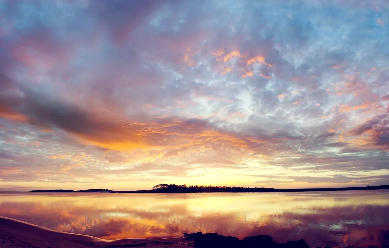 Photo wallpaper the sky, clouds, sunset, lake, shore