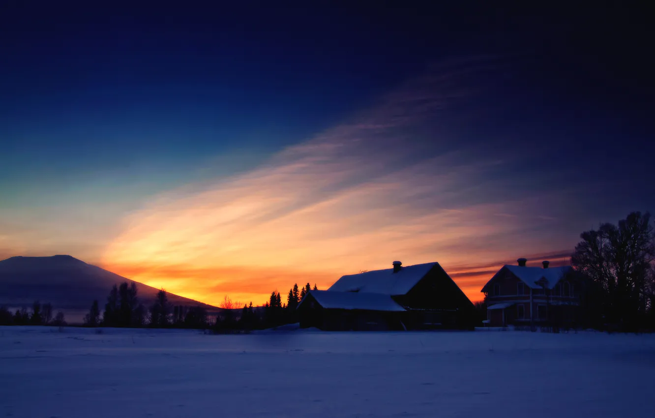 Photo wallpaper winter, snow, sunset, mountains, home