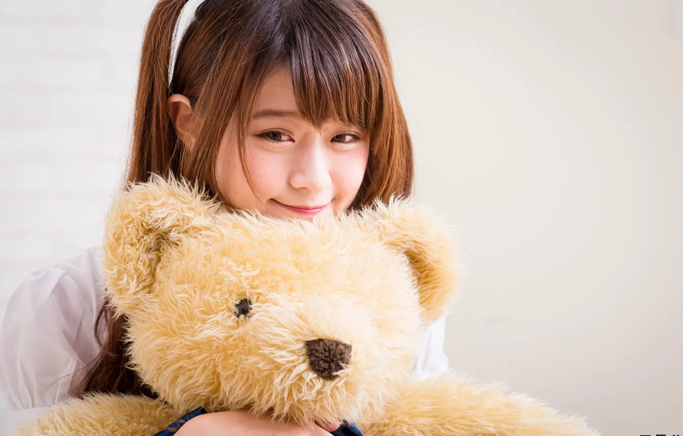 Photo wallpaper girl, toy, bear, Asian