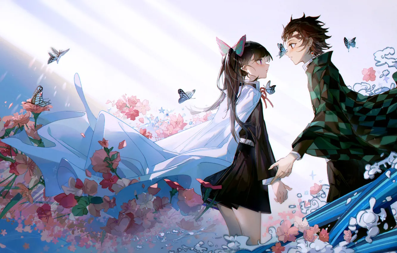 Photo wallpaper girl, flowers, romance, pair, guy, two, The Blade Cleaves Demons, Kanao Tsuyuri