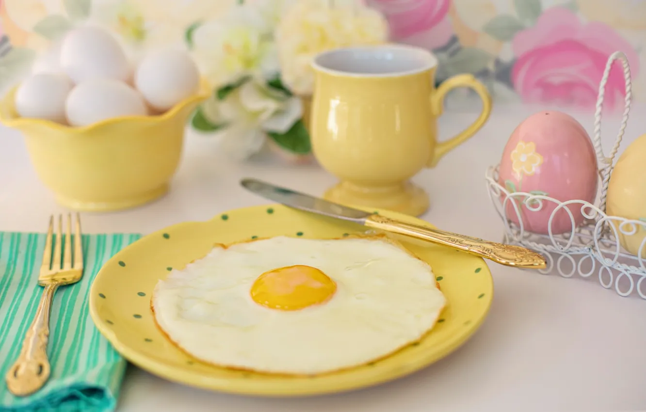 Photo wallpaper Breakfast, plate, knife, Cup, plug, scrambled eggs