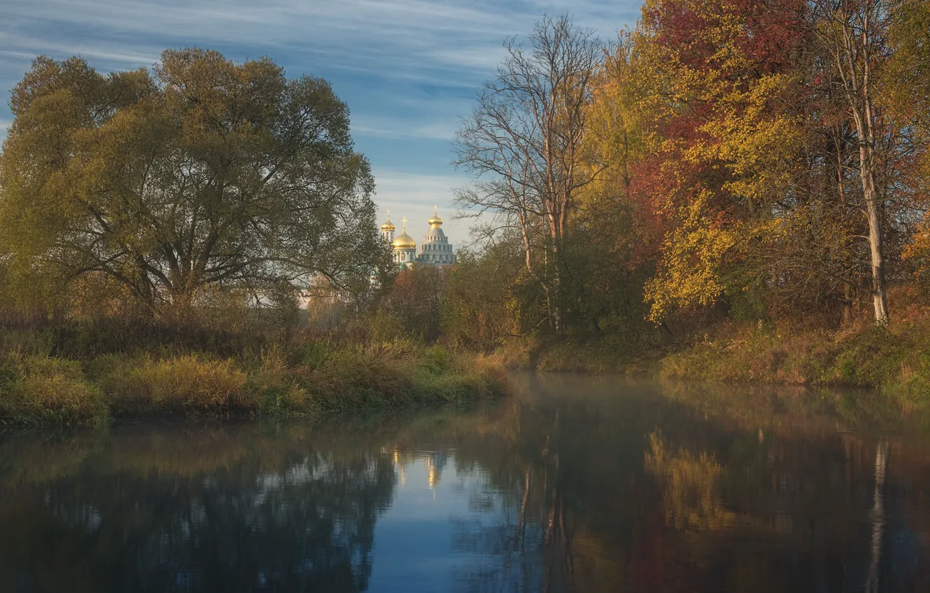 Photo wallpaper autumn, trees, landscape, nature, river, morning, the monastery, Istra