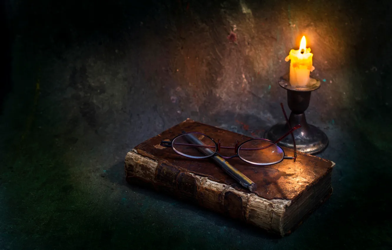 Photo wallpaper candle, glasses, book, wax, Just memories