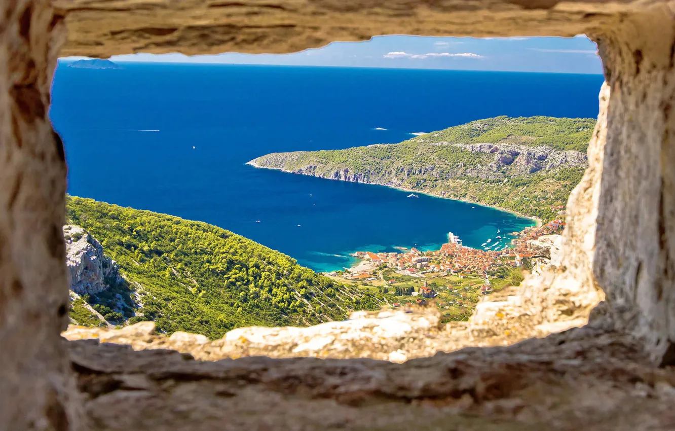 Photo wallpaper sea, mountains, the city, Bay, Croatia, Jadran, Wesley, the island of Vis