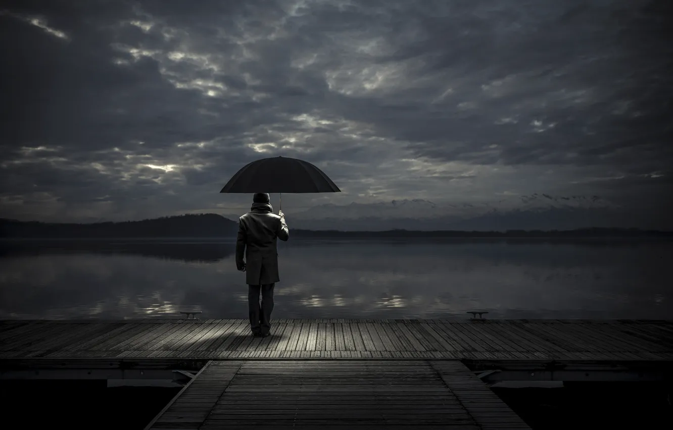 Photo wallpaper umbrella, pier, male, waiting