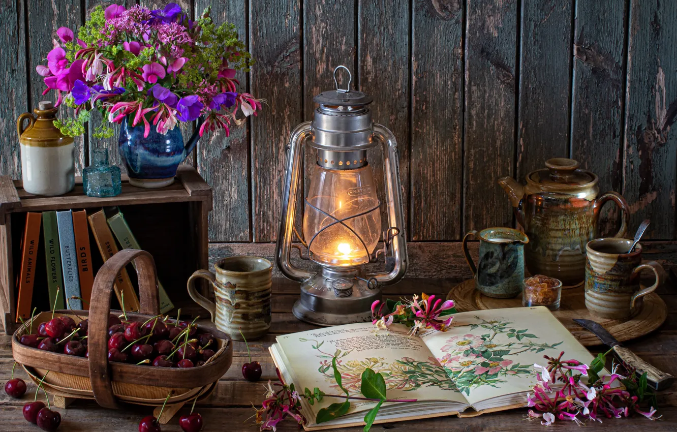 Photo wallpaper mug, flowers, bouquet, milk, cherry, lamp, book, still life