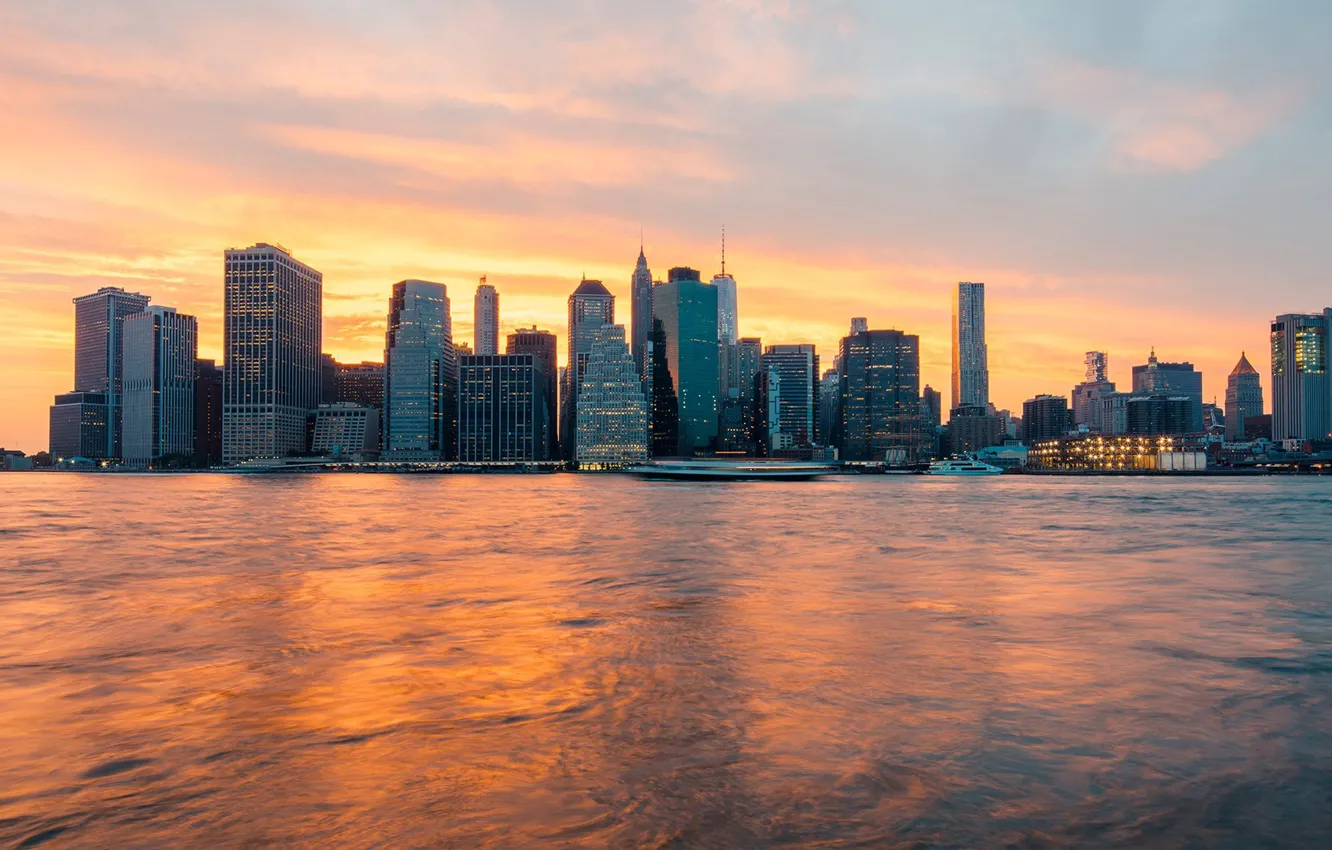 Photo wallpaper city, USA, river, skyline, sky, sunset, cloud, New York
