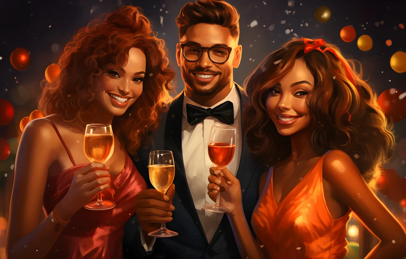 Photo wallpaper girl, joy, smile, glass, new year, Christmas, male, champagne