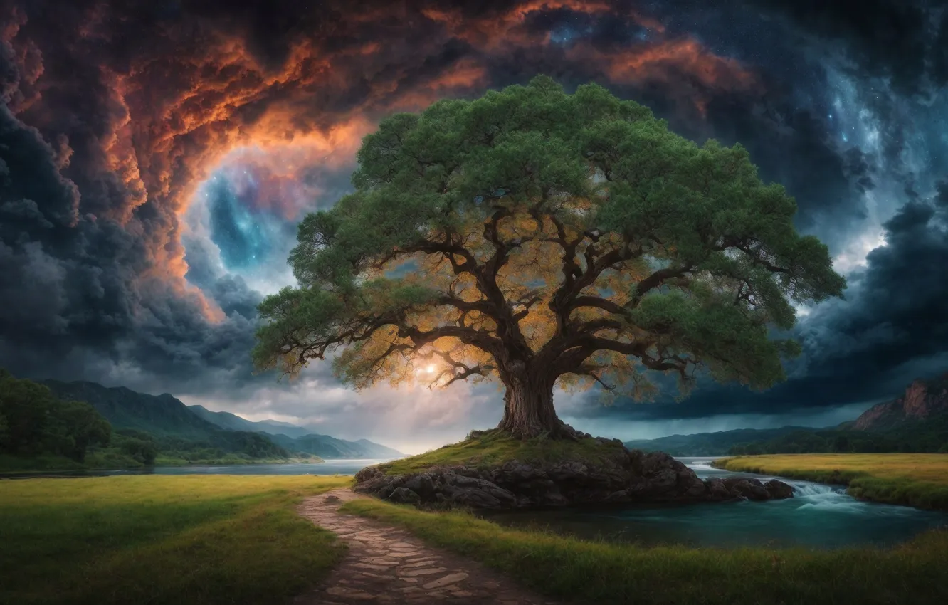 Photo wallpaper sky, clouds, tree, evening, painting