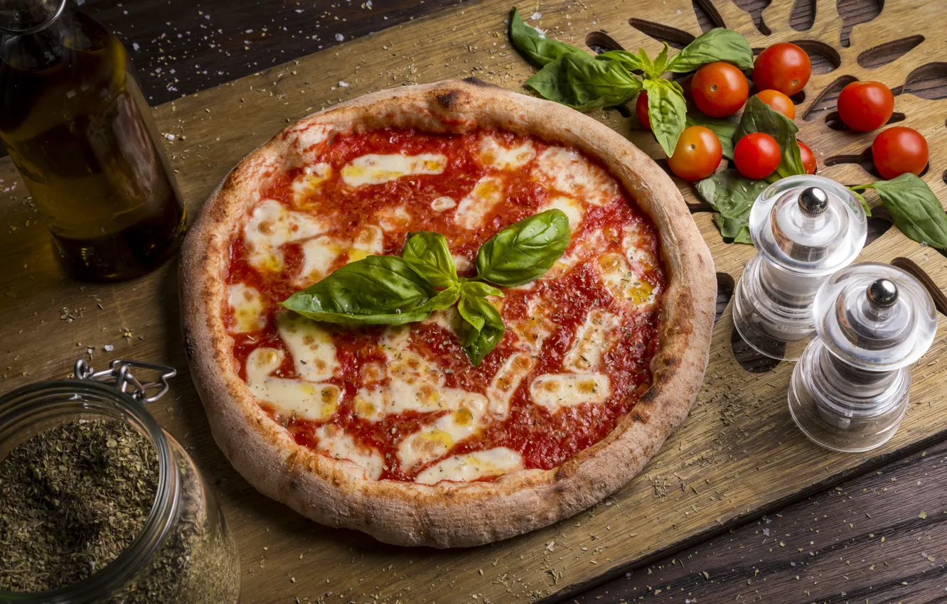 Photo wallpaper pizza, tomatoes, spices, Basil