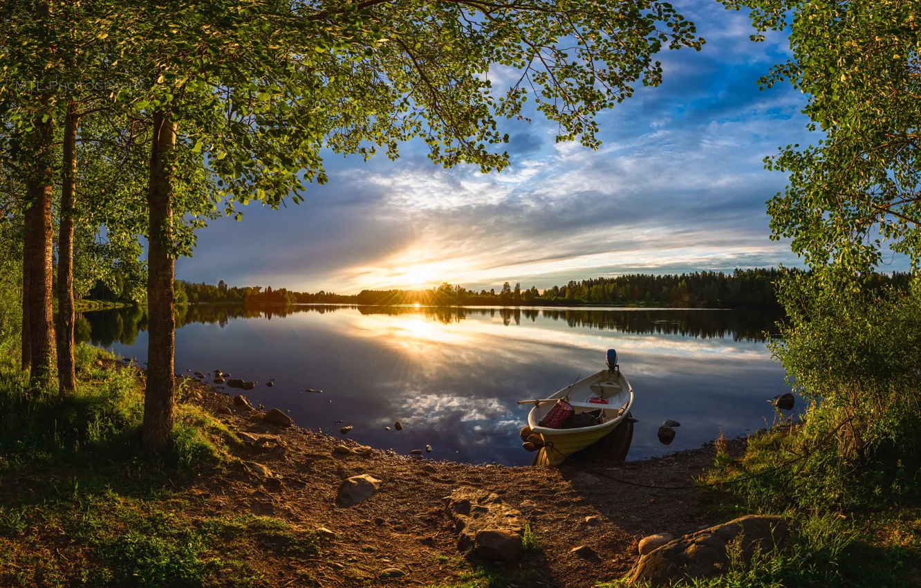 Photo wallpaper forest, summer, trees, sunset, river, boat, Finland, Finland
