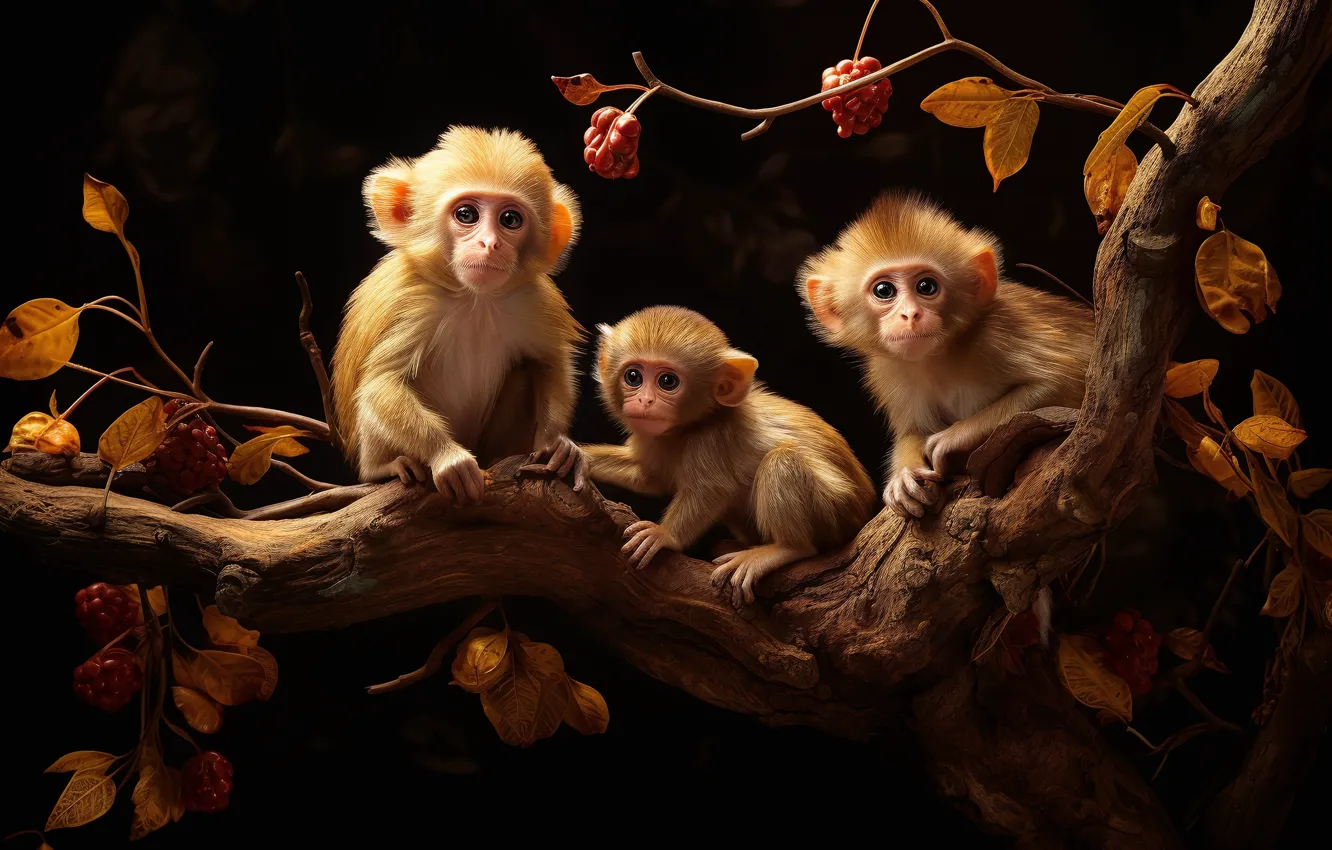 Photo wallpaper berries, foliage, monkeys, kids, curiosity, digital art, digital art, sitting on a branch