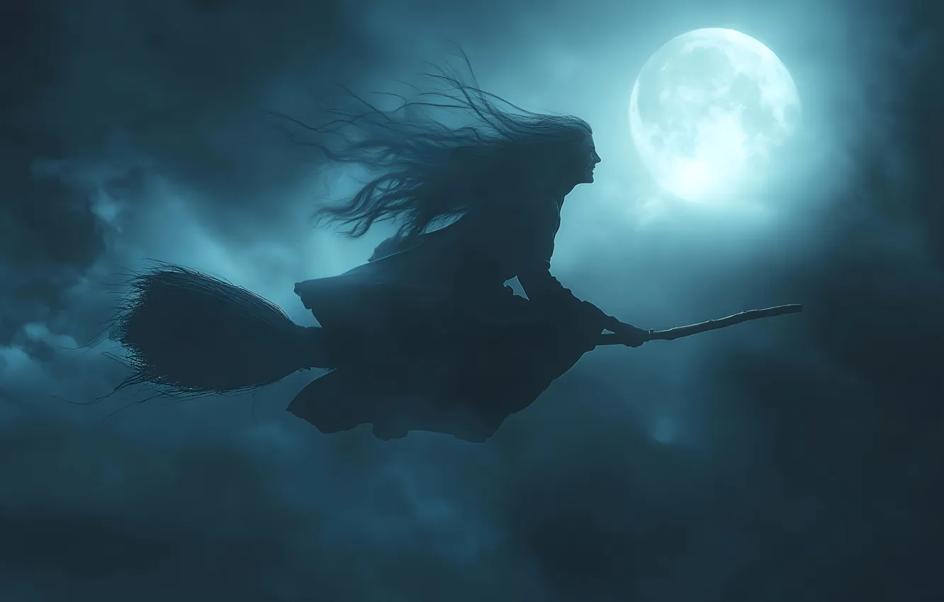 Photo wallpaper flight, night, the moon, witch, broom, digital art, AI art, The Art of Artificial Intelligence