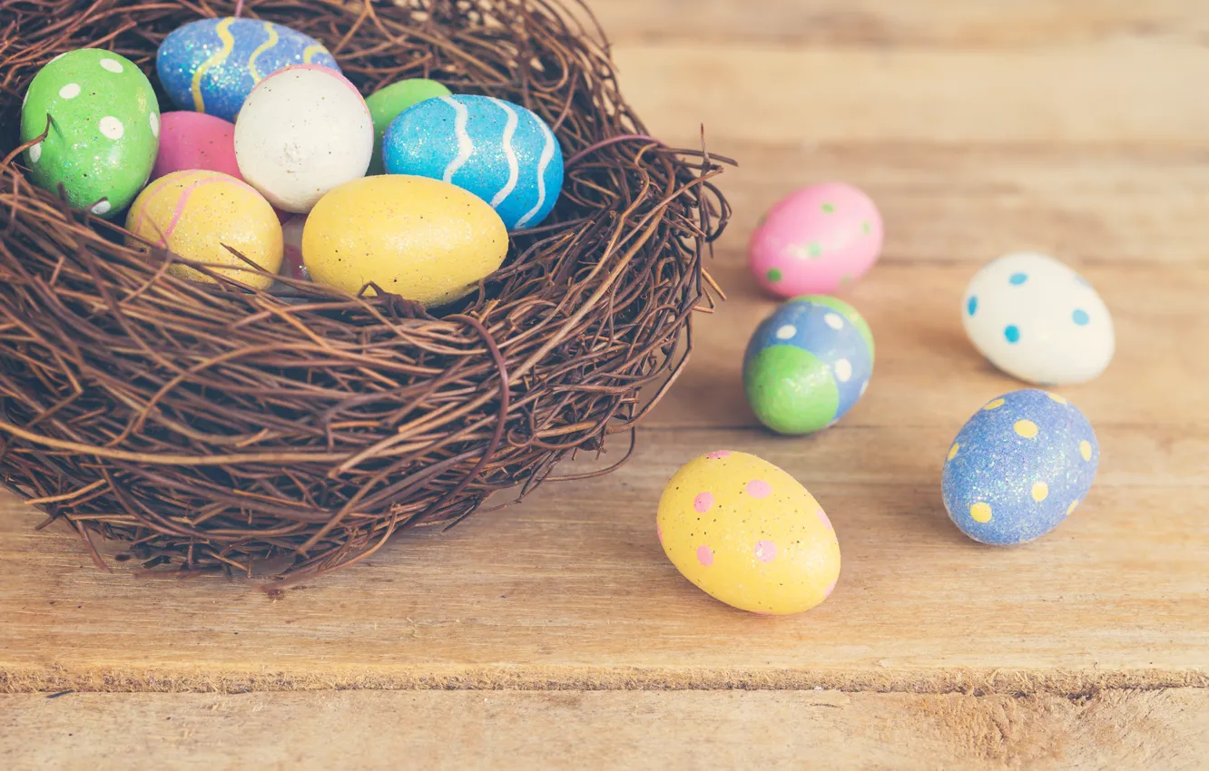 Photo wallpaper basket, eggs, spring, colorful, Easter, wood, spring, Easter