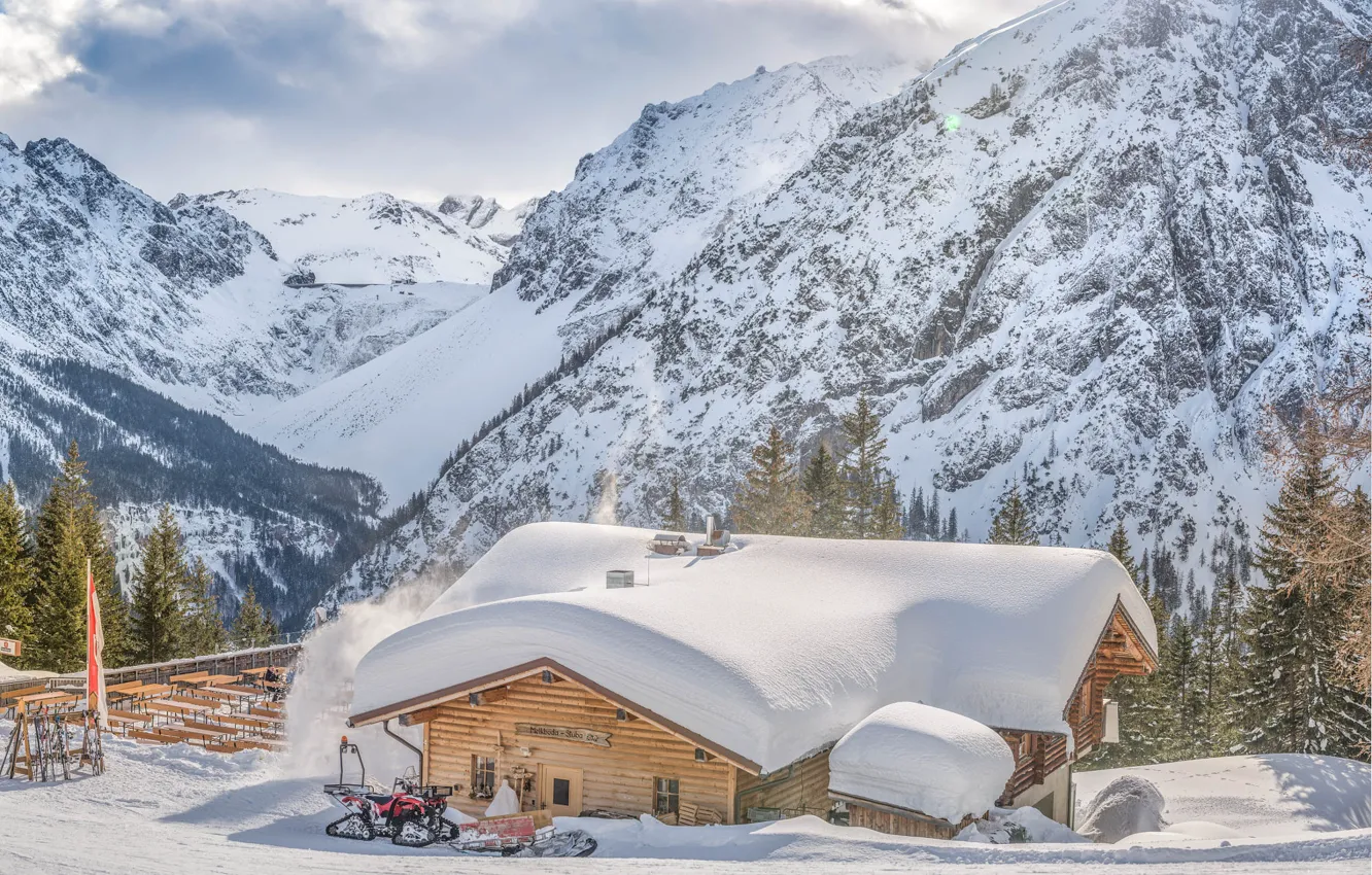 Photo wallpaper winter, roof, forest, clouds, light, snow, mountains, home