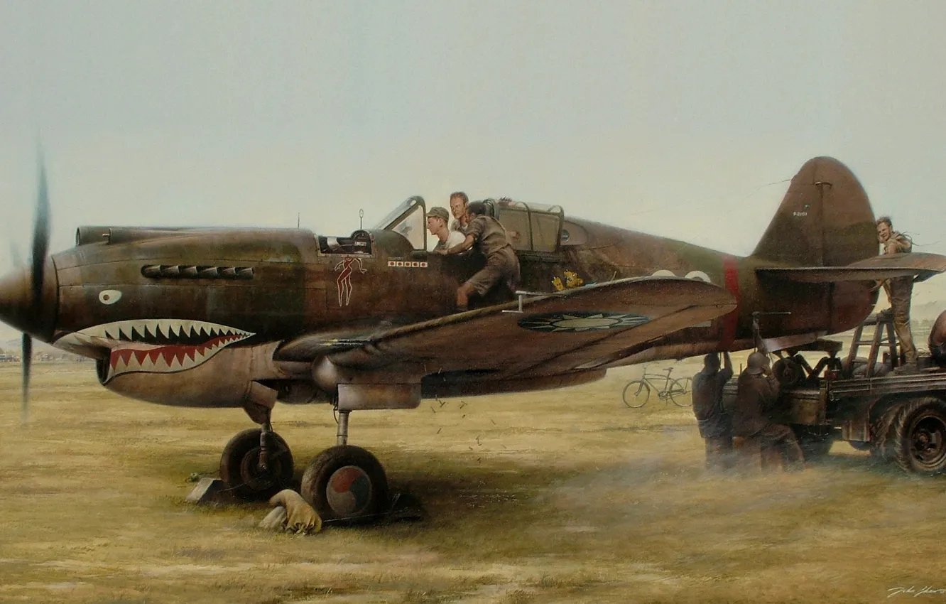 Photo wallpaper figure, art, repair, the airfield, WW2, briefing, Curtiss P-40, American fighter