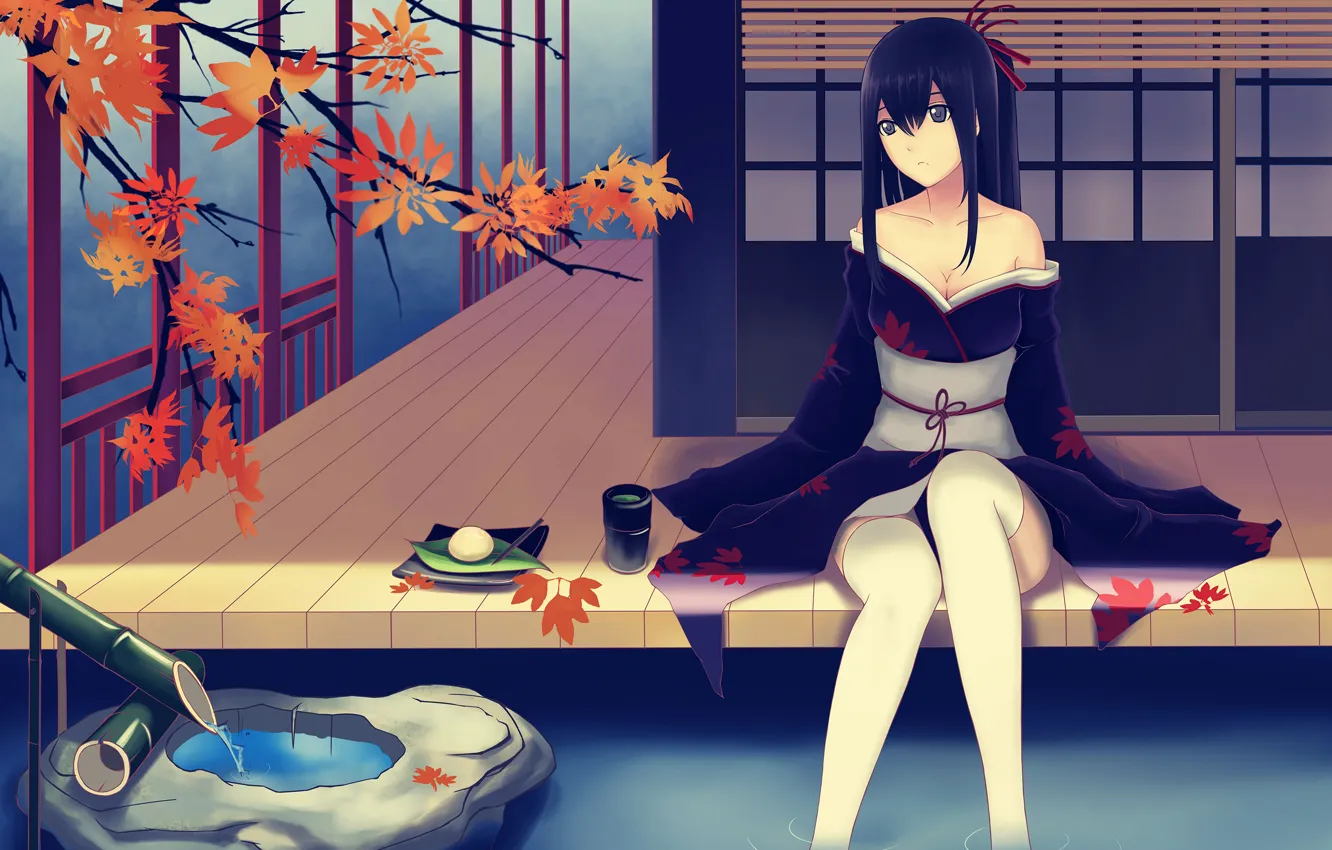 Photo wallpaper water, girl, trees, house, branch, anime, art, kimono