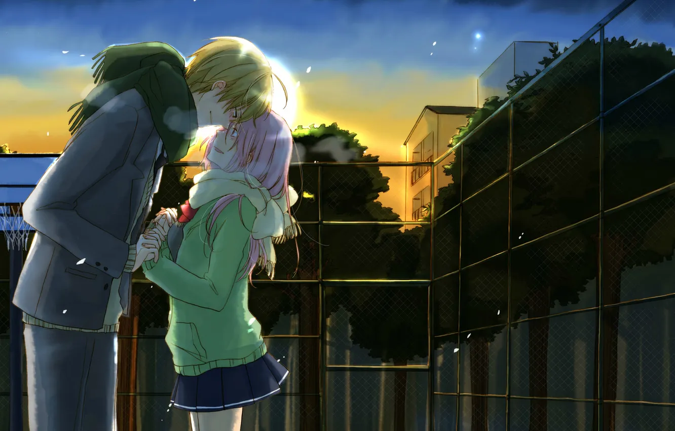 Photo wallpaper cold, girl, trees, sunset, home, anime, scarf, art