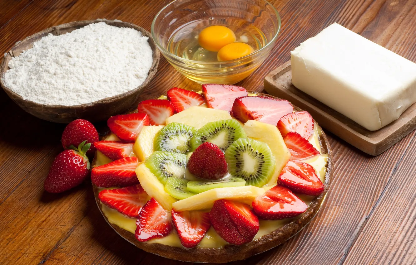 Photo wallpaper berries, kiwi, strawberry, pie, cake, cream, dessert, cakes