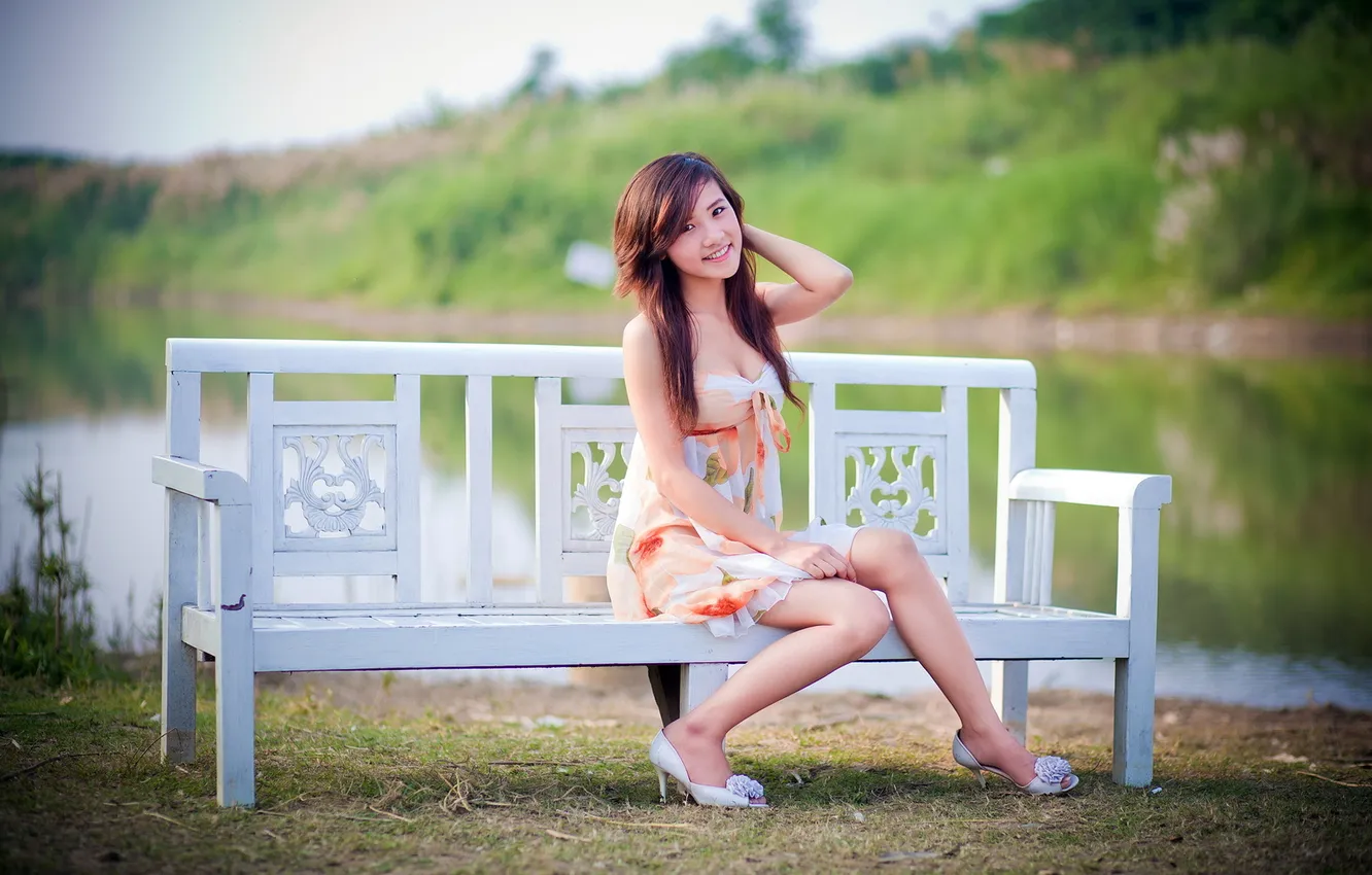 Photo wallpaper girl, smile, bench