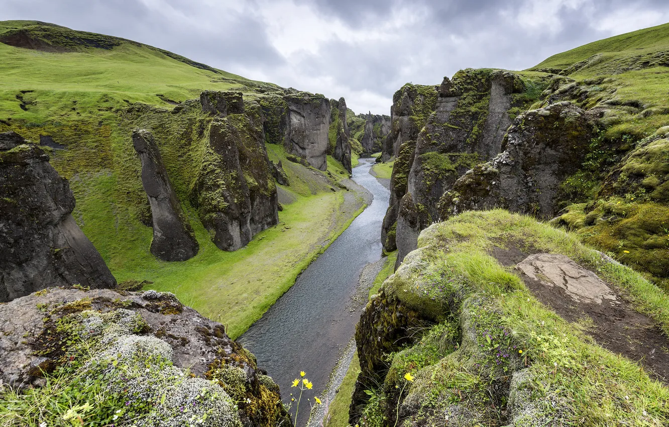Photo wallpaper the sky, grass, clouds, river, rocks, gorge