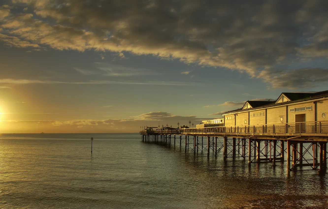 Photo wallpaper sea, sunset, bridge
