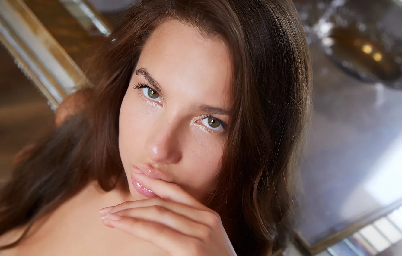 Photo wallpaper long hair, hot girl, model, brunette, sexy woman, posing, closeup, beautiful face