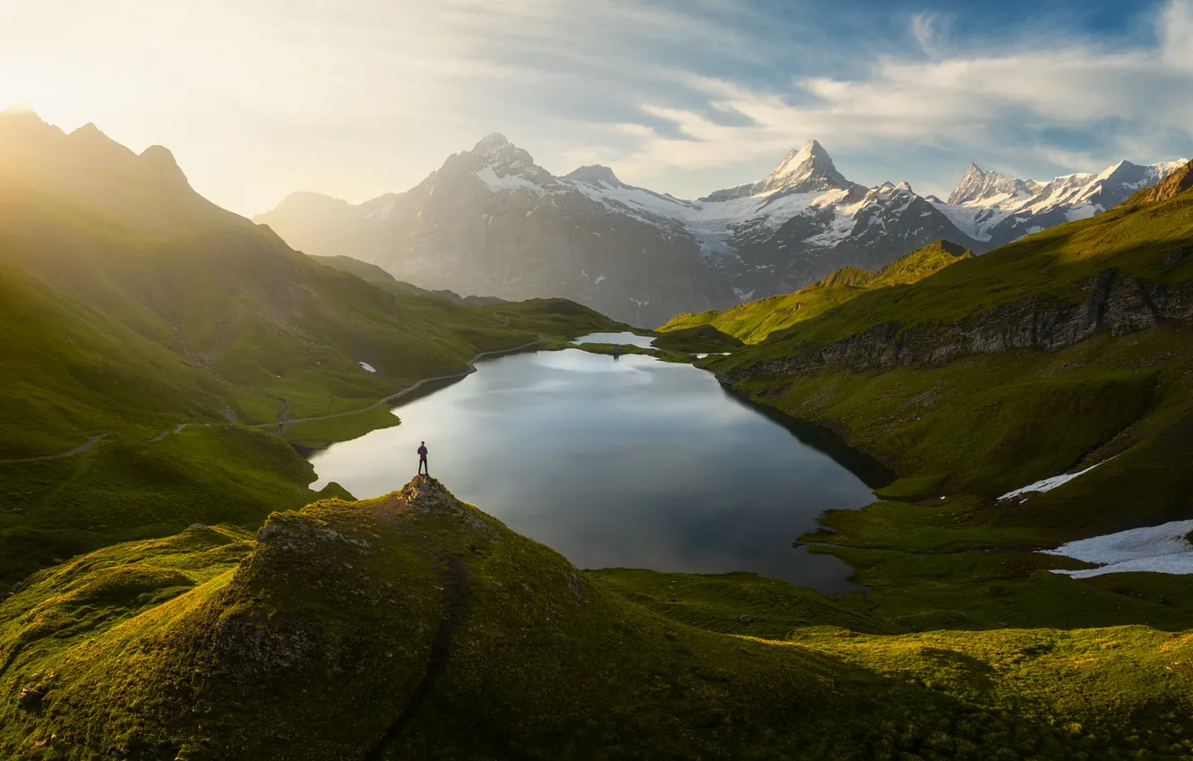 Photo wallpaper mountains, lake, people, view, tourists