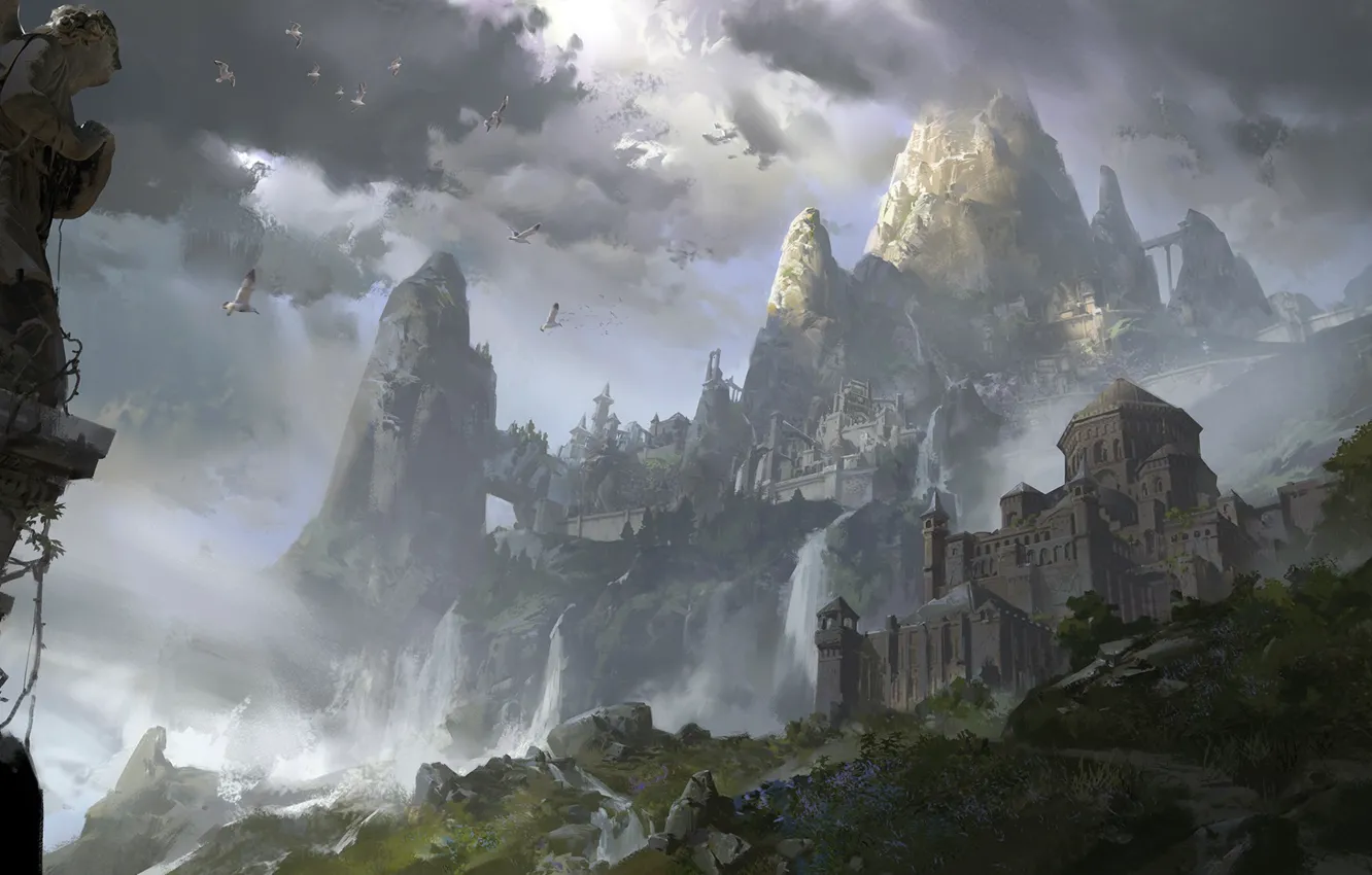 Photo wallpaper the sky, grass, trees, mountains, clouds, the city, stones, castle