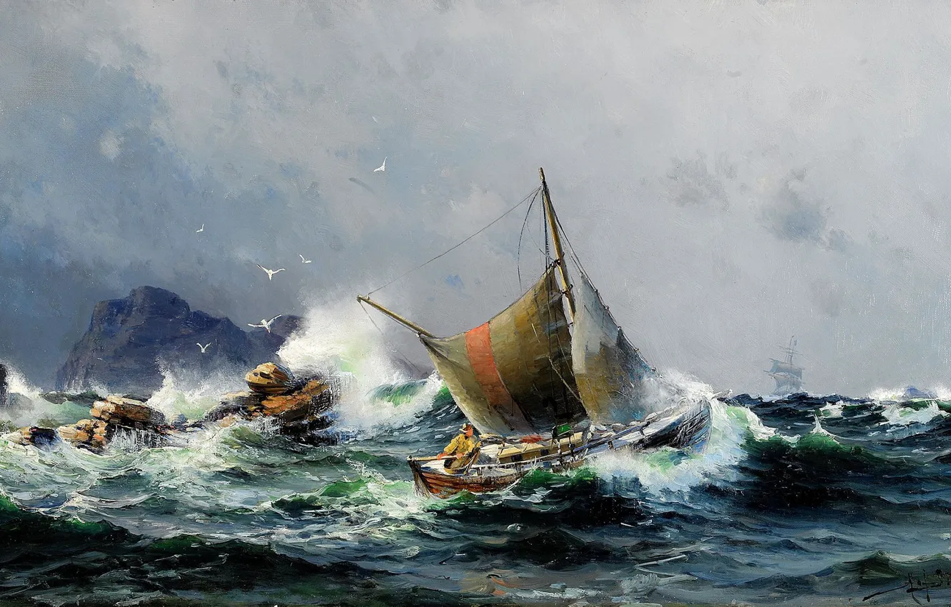 Photo wallpaper stones, seagulls, sailor, Herman Gustav Sillen, The sea and ships, wave
