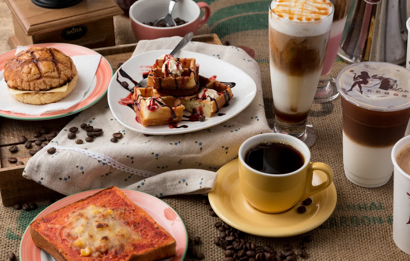 Photo wallpaper berries, coffee, waffles, sandwiches, latte