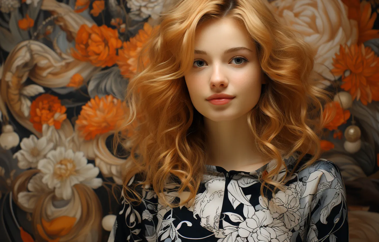 Photo wallpaper summer, look, girl, flowers, hair, red, beautiful, digital art