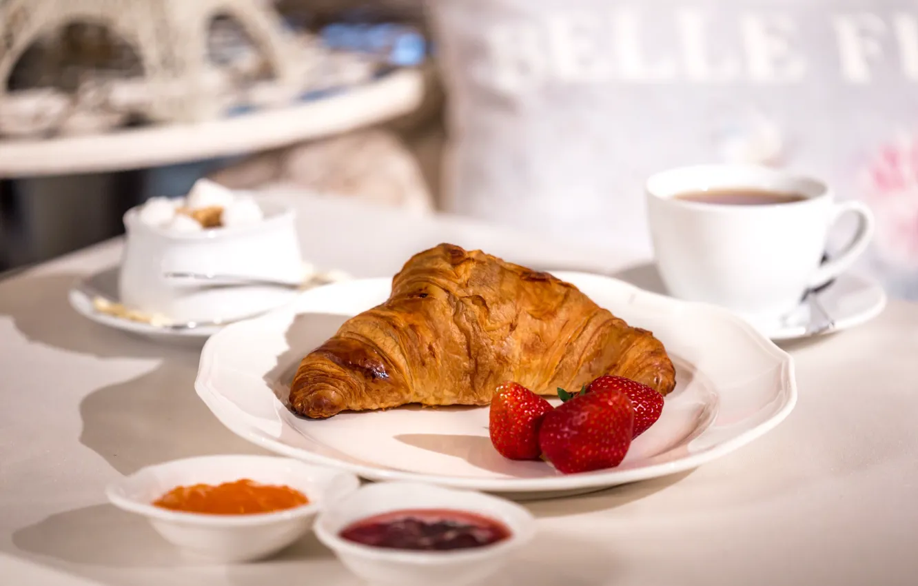 Photo wallpaper Breakfast, strawberry, jam, croissant