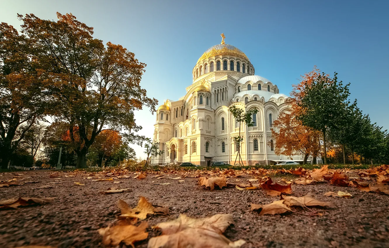 Photo wallpaper autumn, leaves, trees, landscape, architecture, Kronstadt, St. Nicholas Naval Cathedral