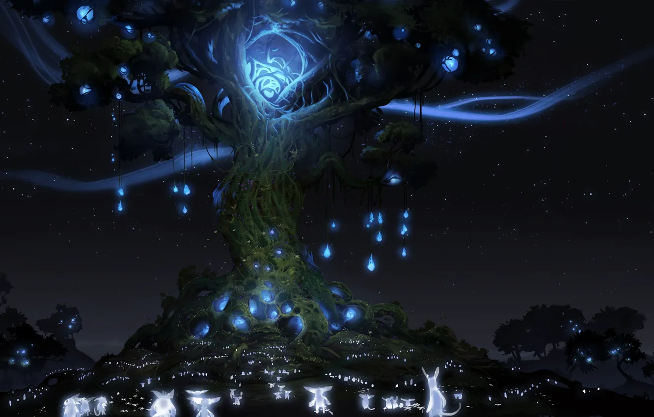 Photo wallpaper night, lights, tree, spirit, animals, Ori And The Blind Forest