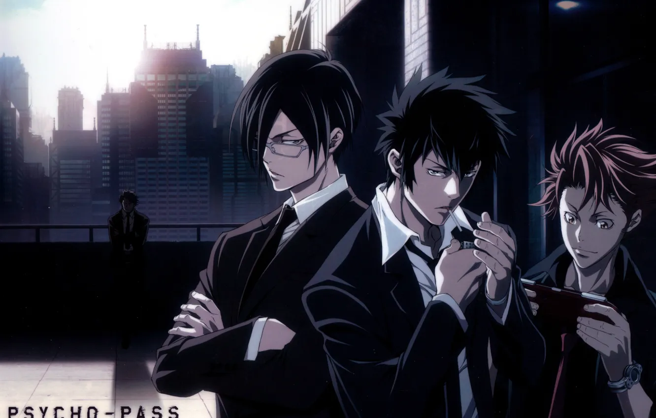 Photo wallpaper skyscrapers, glasses, guy, psycho-pass, black suit, shinya kougami, detective, ginoza nobuchika