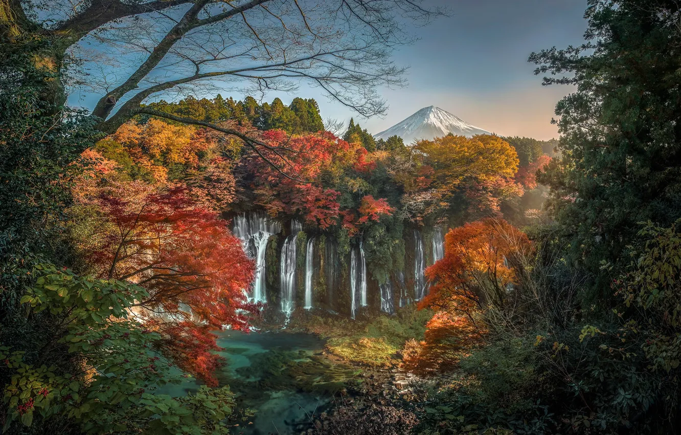 Photo wallpaper autumn, forest, trees, mountains, waterfall, the volcano, Japan, Japan