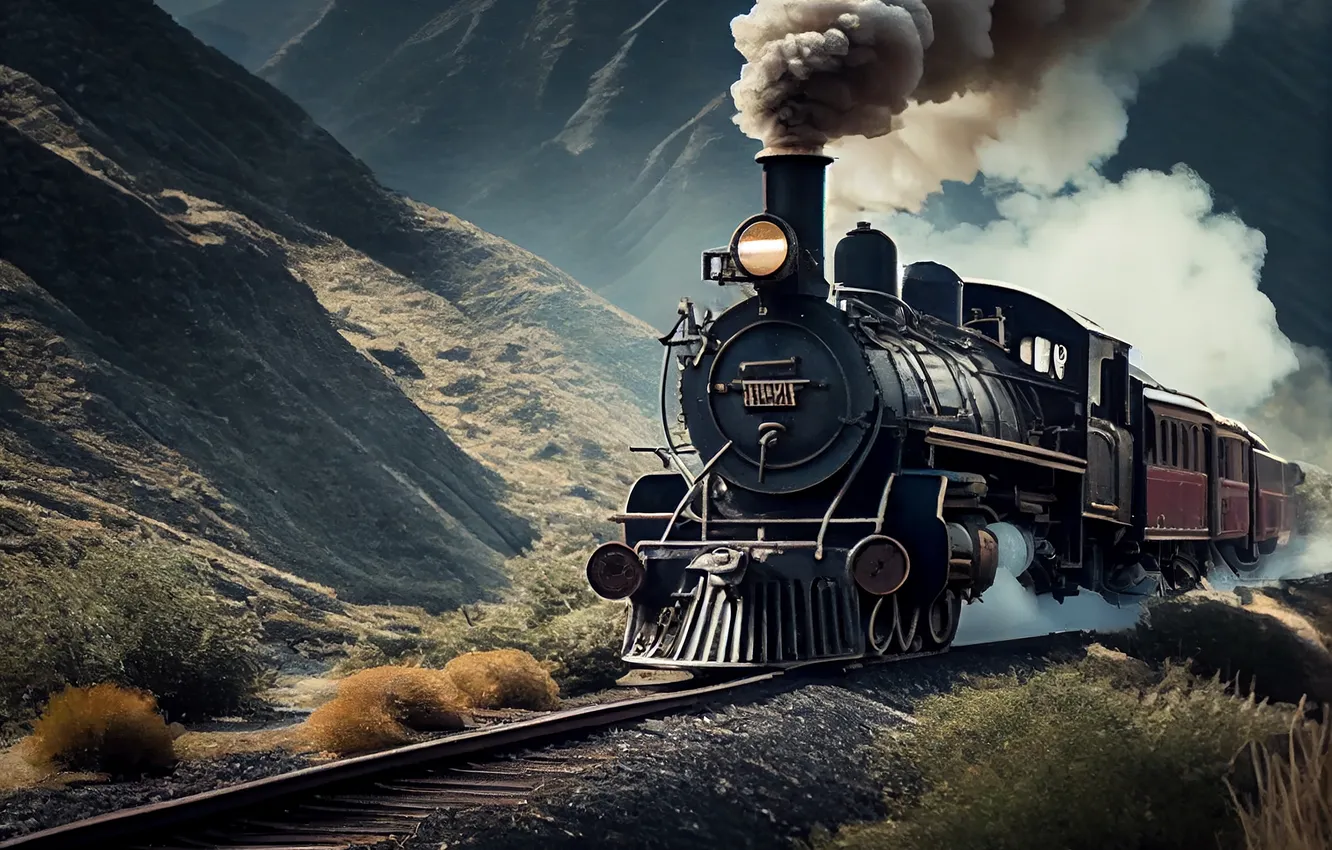 Photo wallpaper forest, mountain, train, Steam, Through, chugs