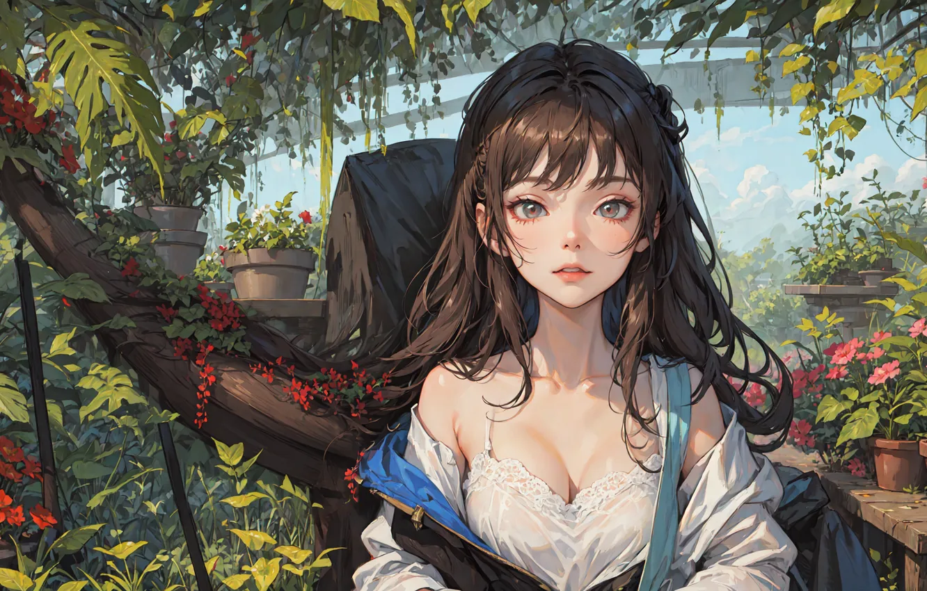 Photo wallpaper cleavage, flowers, leaves, garden, women, brunette, plants, gray eyes