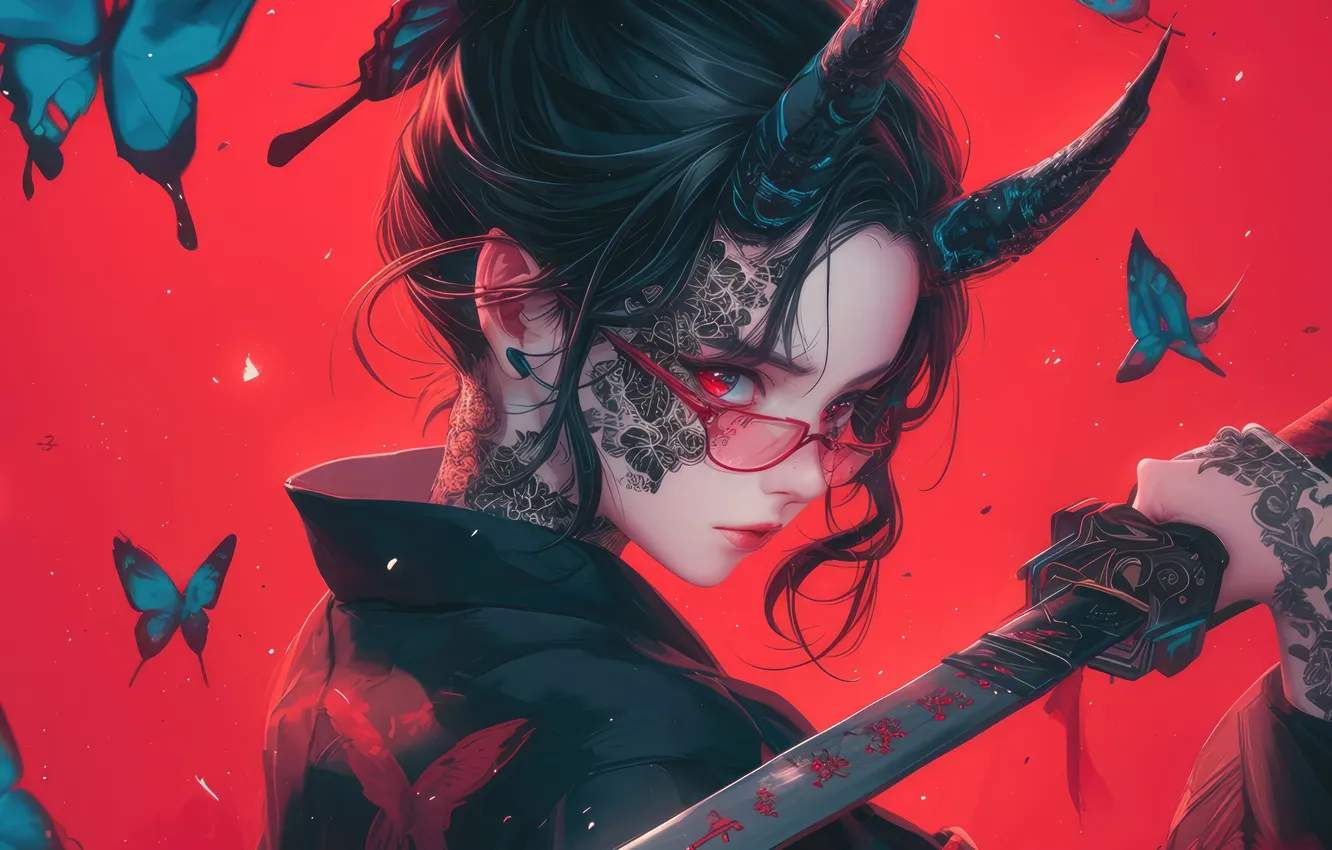 Photo wallpaper demon, devil, katana, horn, anime girl, AI Generated